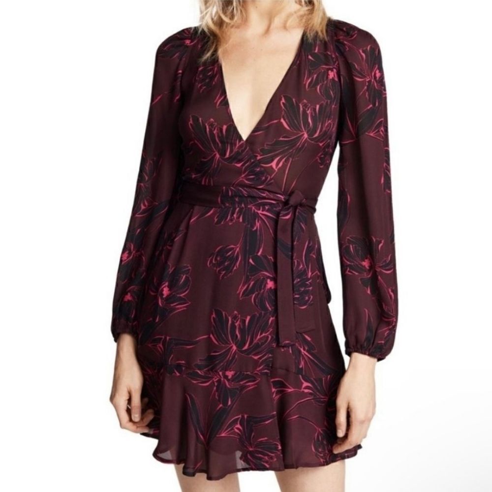 A.L.C. Embry Print Silk Wrap Dress Bordeaux/blackSize 4